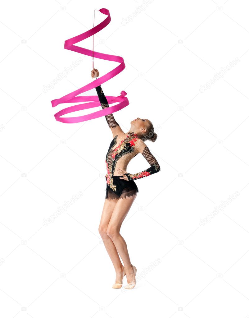 Young professional gymnast dance with ribbon