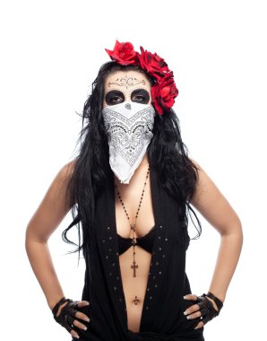 Serious woman in day of the dead mask hide face clipart