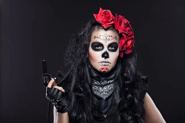 Serious woman in day of the dead mask portrait — Stock Photo, Image