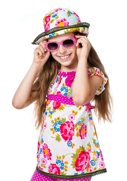 Menina bonito com óculos de sol rosa — Fotografia de Stock