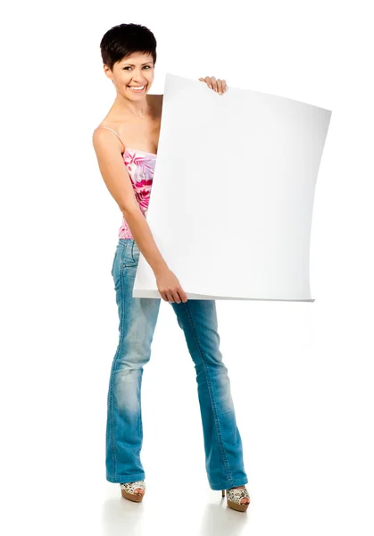 Hermosa mujer sosteniendo un blanco — Foto de Stock