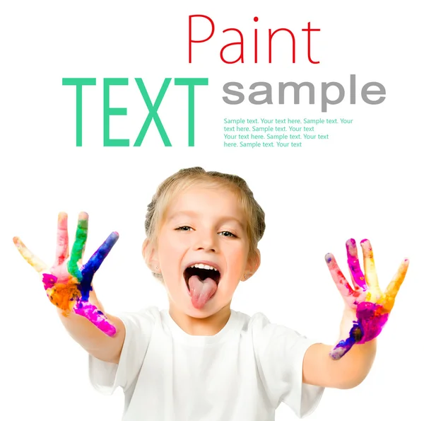 Little girl with her ??hands in the paint — Stock Photo, Image