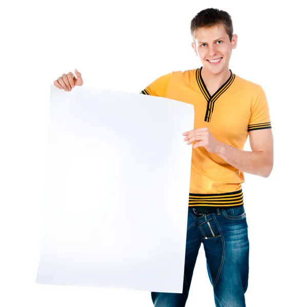 Homem segurando branco em branco — Fotografia de Stock