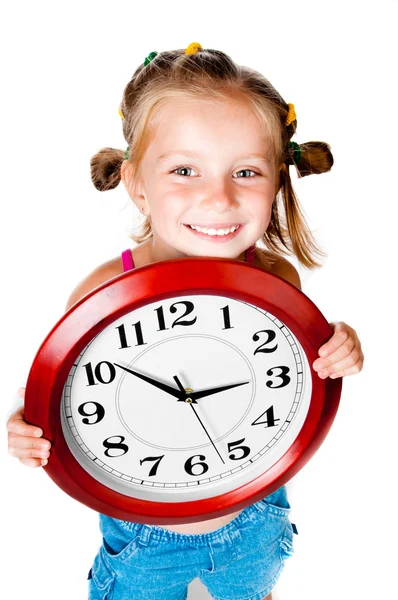 Girl with clock in hands — Stock Photo, Image
