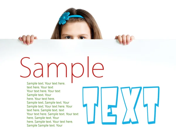 Girle beside a white blank with sample text — Stock Photo, Image