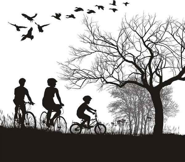 Семейный велоспорт в деревне — стоковый вектор
