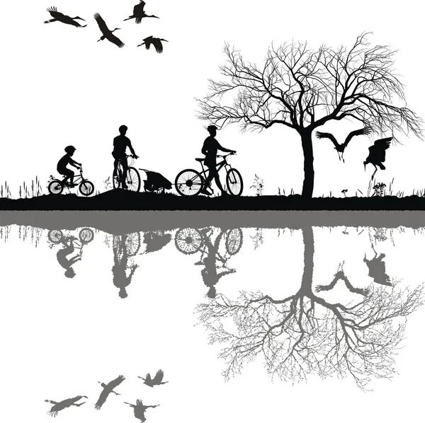 Family cycling on the edge of the lake — Stock Vector