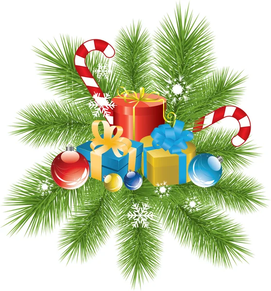 Kürk ağaç dalı, christmas dekorasyon ve hediyeler — Stok Vektör