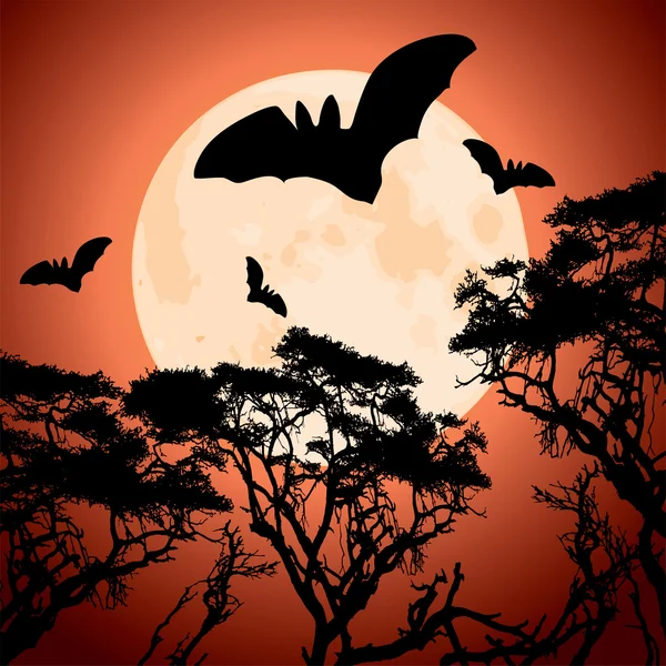 Big red moon, trees and bats — Stock Vector
