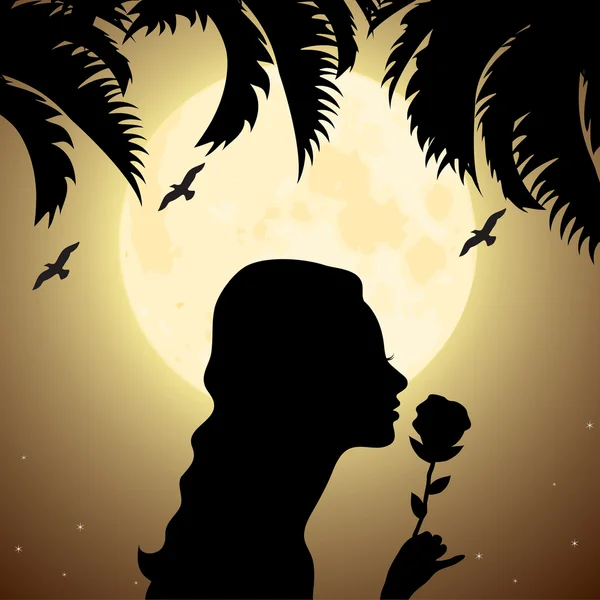 Silueta de una niña con una flor bajo la palmera — Vector de stock