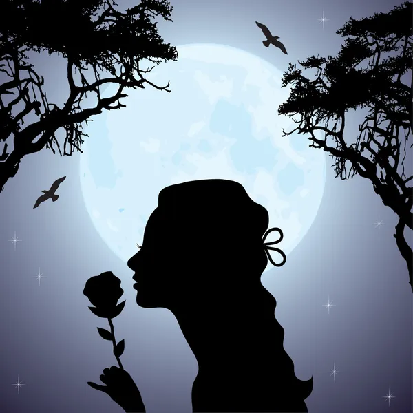 Silhouet van een meisje met een bloem onder boom — Stockvector