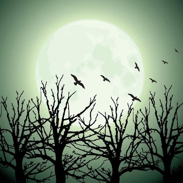 Grote maan, bomen en vogels — Stockvector