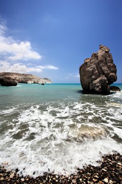 Sea shore and a lone rock. clipart