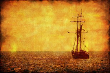Grunge picture of alone sailing ship clipart