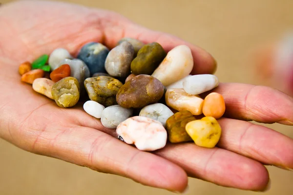 Small stones in hand on sea coast