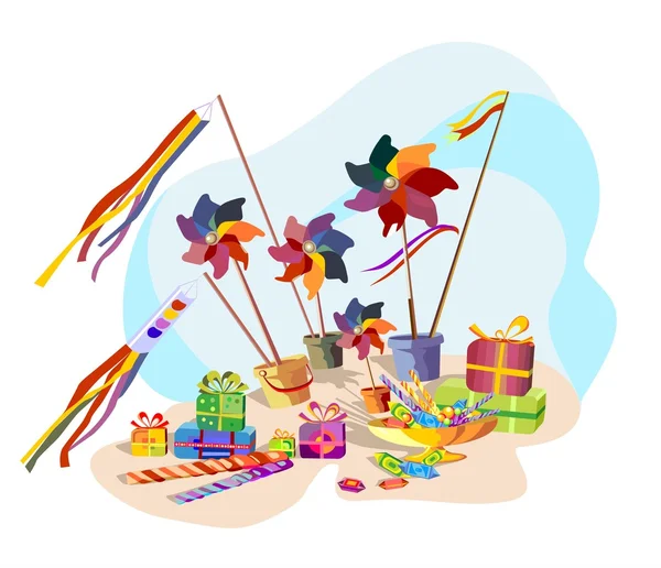 Holiday lyckohjul leksaker, presenter och candys. — Stock vektor