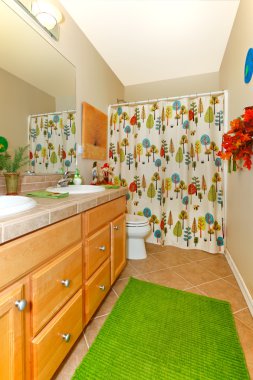 Bathroom with green rug, double sinks and bright shower curtain clipart