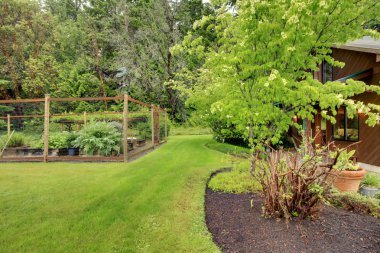 Vegetable fenced garden and house clipart