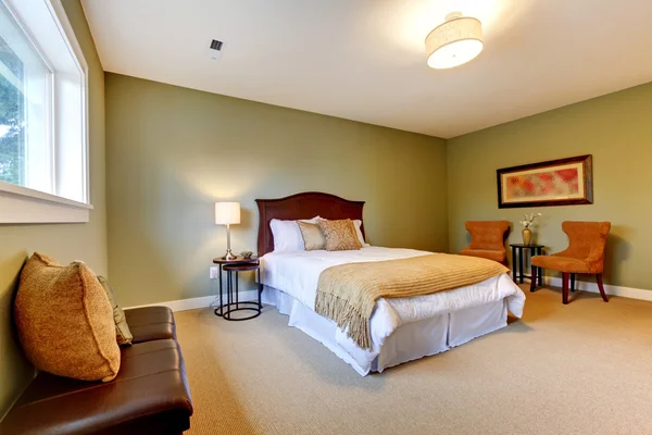 Grote nieuwe groene slaapkamer goed ingericht. — Stockfoto