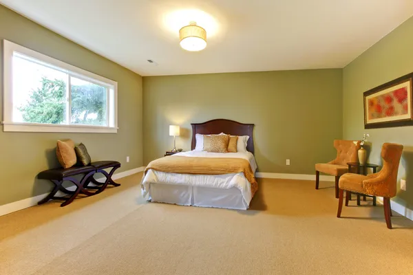 Große neue grüne Schlafzimmer gut eingerichtet. — Stockfoto