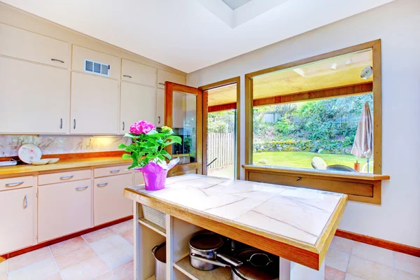 Nice cozinha branca com a porta para o jardim — Fotografia de Stock