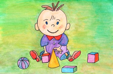 Baby playing with toys. Drawing. clipart