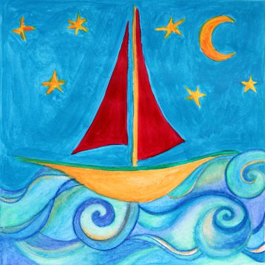 Boat in the blue sea with starts and moon. Drawing. clipart