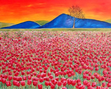 Red tulip field with mountains. Oil painting. clipart