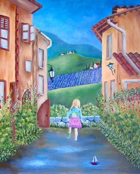 Village italien. Peinture. La fille court . — Photo