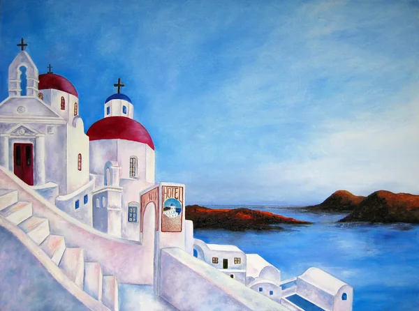 Pintura de Grecia. Ciudad Blanca con agua e isla —  Fotos de Stock