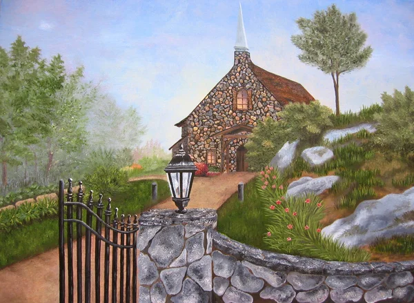 Pintura com igreja e portões . — Fotografia de Stock