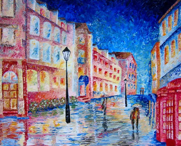 London. eső. utca. festészet. — Stock Fotó