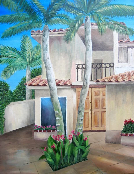 Huis met palmbomen. schilderij. — Stockfoto
