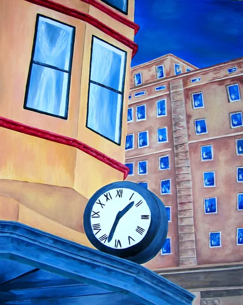 Abstract schilderij van stad gebouw met klok. — Stockfoto