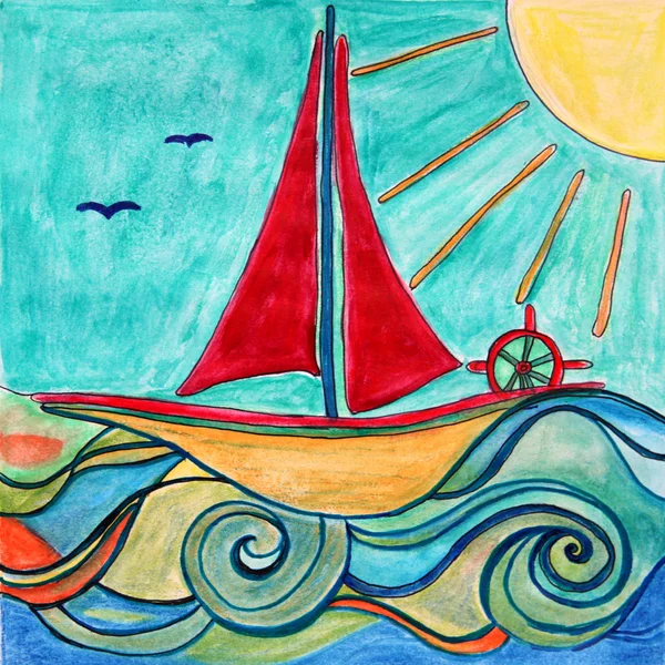 Çizim tekne. güneşli bir deniz. Çocuk Sanat. — Stok fotoğraf