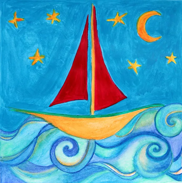 Boot im blauen Meer mit Start und Mond. Zeichnung. — Stockfoto