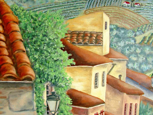 Dächer in einem italienischen Dorf. Ölmalerei. — Stockfoto
