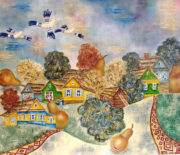 Szláv orosz-Fehérorosz falu. festmény. Art. — Stock Fotó