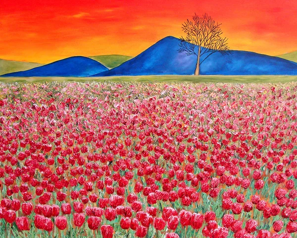 Rotes Tulpenfeld mit Bergen. Ölmalerei. — Stockfoto