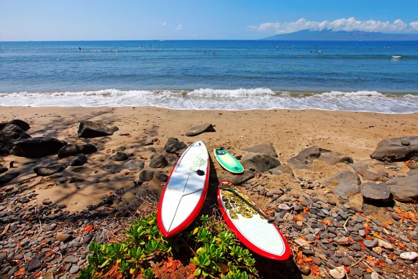 Tři surfování desky spočívají na pláži — Stock fotografie