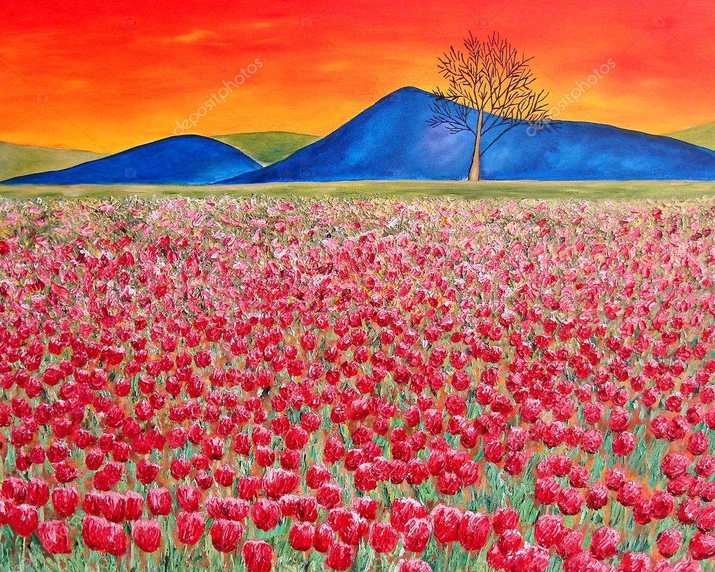 Red Tulip Field With Mountains Oil Painting — Stock Photo © Iriana88w