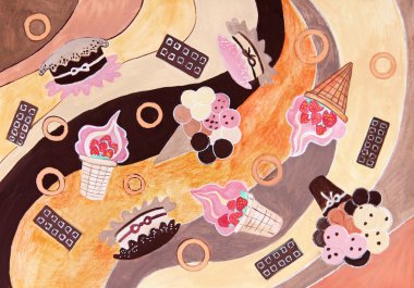 Food abstract painting with sweet cakes. clipart