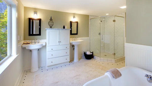 Casa de banho luxuosa com banheira e chuveiro moderno e pia dupla — Fotografia de Stock