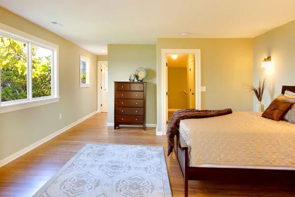 Amplio dormitorio con cama marrón moderna y paredes verdes . — Foto de Stock