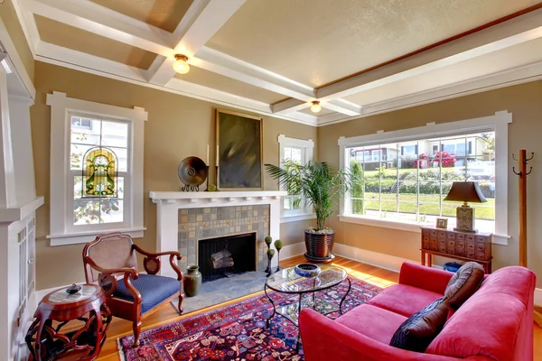 Brown living room with red sofa interior. — Φωτογραφία Αρχείου