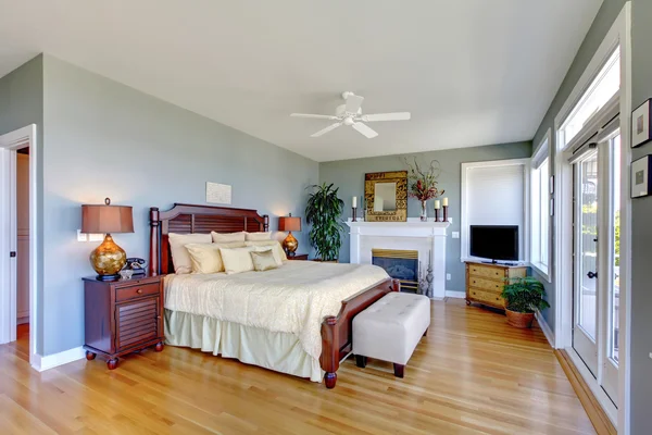 Μεγάλο πράσινο υπνοδωμάτιο με τζάκι και ξύλο πάτωμα. — Φωτογραφία Αρχείου