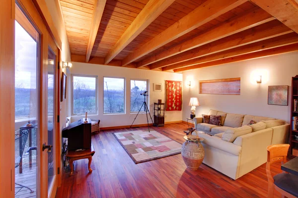 Moderno soggiorno di lusso con soffitto in legno — Foto Stock