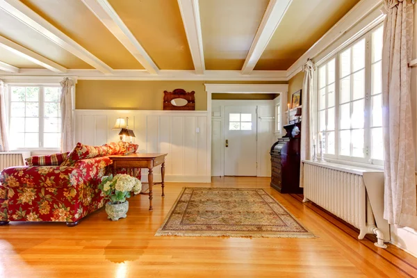 Sala de estar con puerta dorada y blanca y entrada , — Foto de Stock