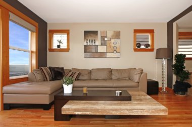 Modern living room interior with leather sofa clipart