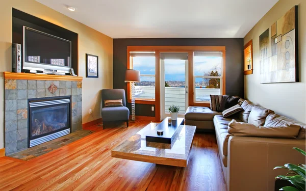 Interiér obývací pokoj s koženou pohovkou a tv. — Stock fotografie